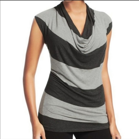 CAbi Wide Striped Black and Grey Cowl Neck Tee- size S - Picture 2 of 4
